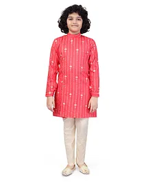Nakshi By Yug Full Sleeves Ethnic Motif Printed Kurta & Solid Pajama Set - Pink & Off White