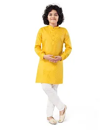 Nakshi By Yug Full Sleeves Ethnic Motif Printed Kurta & Pajama Set - Yellow & Off White