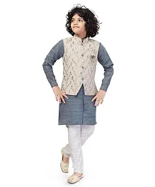 Nakshi By Yug Full Sleeves Kurta With Floral Trellis Print Jacquard Jacket & Solid Pajama - Grey