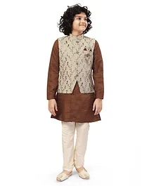 Nakshi By Yug Full Sleeves Kurta With Floral Trellis Print Jacquard Jacket & Solid Pajama - Brown