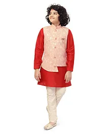 Nakshi By Yug Full Sleeves Solid Kurta & Pajama With Floral Embroidered Asymmetrical Jacquard Jacket - Red & Pink