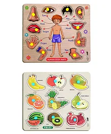 Enorme Mini Wooden Human Body Parts and Fruits Puzzle with Knobs Multicolour - 19 Pieces
