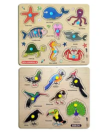 Enorme Mini Wooden Sea Animals and Birds Puzzle with Knobs, Educational and Learning Game For Kids Multicolour - 17 Pieces