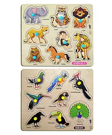 Enorme Mini Wooden Animals and Birds Puzzle with Knobs, Educational and Learning Game For Kids Multicolour - 16 Pieces