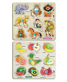 Enorme Mini Wooden Animals and Fruits Puzzle with Knobs, Educational and Learning Game For Kids Multicolour - 17 Pieces