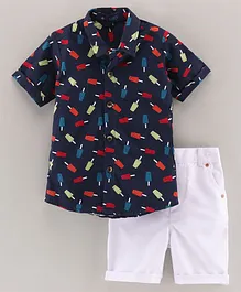Knotty Kids Half Sleeves Ice Cream Printed Shirt & Shorts Set - Navy Blue & White