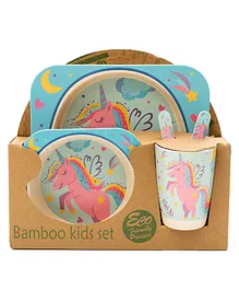 EZ Life Unicorn Theme 5 Piece Eco Friendly Bamboo Fibre Kids Meal Set - Blue & Pink