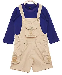 FirstClap Cotton Solid Full Sleeves Tee With Dungaree - Blue Beige