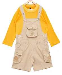 FirstClap Cotton Solid Full Sleeves Tee With Knee Length Dungaree - Yellow