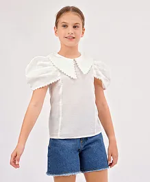 Primo Gino 100% Cotton Half Flounce Sleeves Detailed Tops Solid - Off White