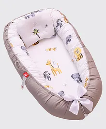 SYGA Cotton Giraffe Theme Foldable Baby Nest Portable Reversible Sleeping Bed & Pillow - Grey