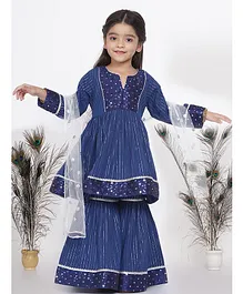 Little Bansi Full Sleeves Sequin Mirror Work Yoke Gathered Kurta With Sharara & Dupatta - Blue