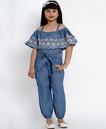 Bitiya By Bhama Half Sleeves Floral Schiffli And Fabric Belt Detail Off Shoulder Jumpsuit - Blue