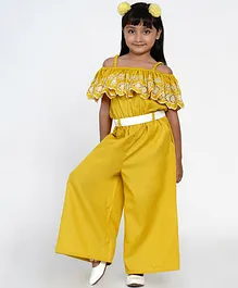 Bitiya By Bhama Half Sleeves Floral Schiffli And Fabric Belt Detail Off Shoulder Jumpsuit - Yellow