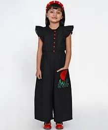 Bitiya By Bhama Flutter Short Sleeves Floral Embroidered Jumpsuit - Black
