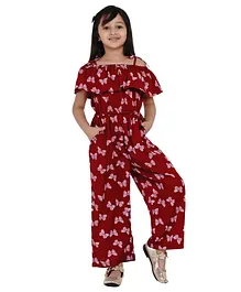 Bitiya By Bhama Cold Shoulder Half Sleeves All Over Butterfly Printed Jumpsuit With Front Pocket - Maroon
