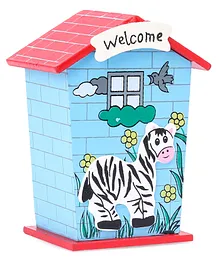 House Shaped Piggy Bank Zebra Design - Blue 