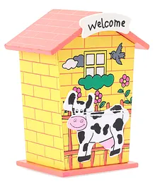 House Shaped Piggy Bank Cow Design - Yellow 