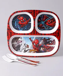 Marvel Spiderman Rectangle Sectioned Plate With Fork & Spoon Set - Multicolour
