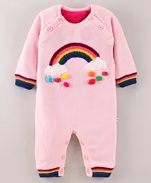 Yellow Apple Full Sleeves Knit Rompers With Rainbow Embroidery- Pink