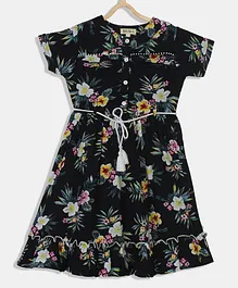 Bella Moda Half Sleeves All Over Tropical Flower & Leaves Printed Flared Fit & Flare Dress With Tassel Tie Up - Navy Blue