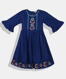Bella Moda Three Fourth Sleeves Abstract Placement Embroidered Dress - Royal Blue