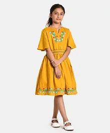Bella Moda Flared Half Sleeves Floral Placement Embroidered Fit & Flared Dress - Red