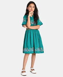 Bella Moda Flared Half Sleeves Placement Floral Embroidered Smock Detailed Fit & Flare Dress - Green