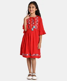 Bella Moda Three Fourth Bell Sleeves Floral Embroidered Fit & Flair Gathered Dress - Red