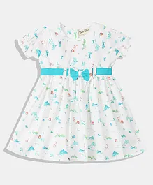 Bella Moda Puffed Sleeves Marine Life Print Fit And Flare Bow Belt Detail Dress - White Blue