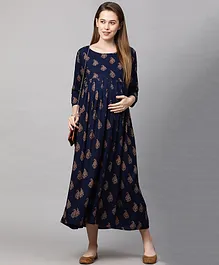 MomToBe Three Fourth Sleeves Paisley Motif Printed Pleated Maternity Dress - Nay Blue
