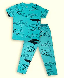 Lil 'Roos Half Sleeves Shark Species Printed Coordinated Night Suit - Radiant Blue