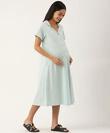 Nejo Half Sleeves Solid Flared Maternity Dress With Front Pocket - Light Blue