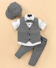 Robo Fry Full Sleeves Shirt And Pant Set With Waistcoat Bow & Cap Checked - Grey