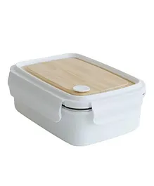 ELECART Insulated SS Lunch Box BPA Free Wood like finish Leakproof Lid with Spoon - Royal White