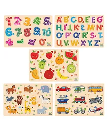 Webby Wooden Educational Alphabets Counting Numbers Fruits Animals and Public Transport Puzzle Pack Of 5 - Multicolor