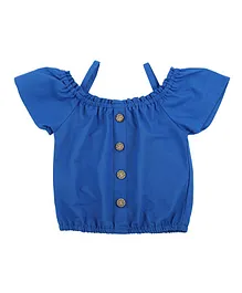 Actuel Short Cold Shoulder Puffed Sleeves Solid Woven Top - Royal Blue