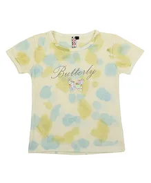 Actuel Short Sleeves Sequin butterfly Patch Abstract Print Top - Blue & Green