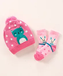 Model Woollen Cap & Socks Set Kitty and Bunny Print Pink - Diameter 11 cm