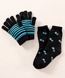 Model Woollen Blend Gloves & Socks Set Stripes Design - Blue