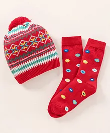 Model Woolen Cap & Socks Set Ethnic Designed Red - Diameter 12 cm