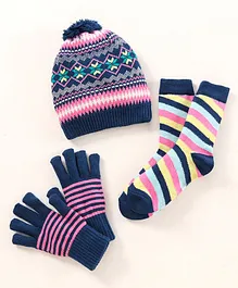 Model Woollen Blend Cap Gloves & Socks Set Stripes Design Pink Blue - Diameter 13 cm
