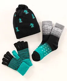Model Woollen Blend Cap Gloves & Socks Set Chess Design Black Blue - Diameter 12 cm