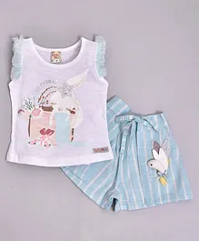 KETIMINI Cap Sleeves Rabbit Print Top With Striped Shorts - Blue