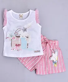 KETIMINI Rabbit Print Half Sleeves Top With Striped Shorts - Pink