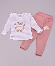KETIMINI Full Sleeves Pearl Embellished Heart Embroidery Striped Top & Rose Embroidered Pants Set - Pink