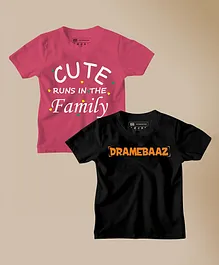 Be Awara Pack Of 2 Half Sleeves Cute Dramebaaz Print Tees - Pink & Black