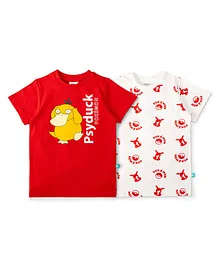 JusCubs Pack Of 2 Half Sleeves Psyduck Pokemon Placement & All Over Pikachu Printed Tees - Red & White