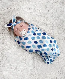 MOMISY Photoprop Floral Print Swaddle Wrapper With Bow Knot Headband - Blue White