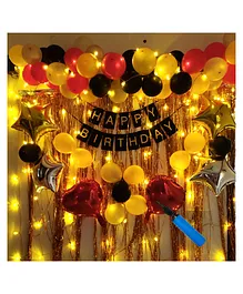 Bubble Trouble Happy Birthday Decoration Kit  Combo with 1 Pc Black Banner 2 Pcs Gold Fringe Foil Curtain 40 Pcs Red Black Gold Silver Balloons for Kids Birthday Decoration Item - Pack of 53